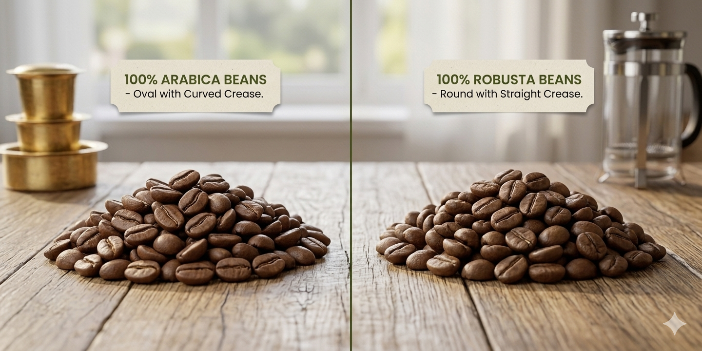 100 Percent Pure Arabica and Robusta Coffee Beans side by side