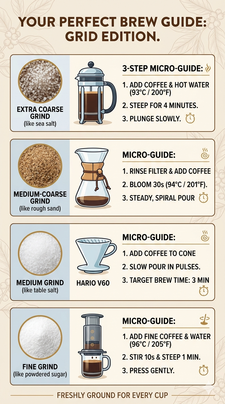 Various coffee grind sizes from French Press to Espresso