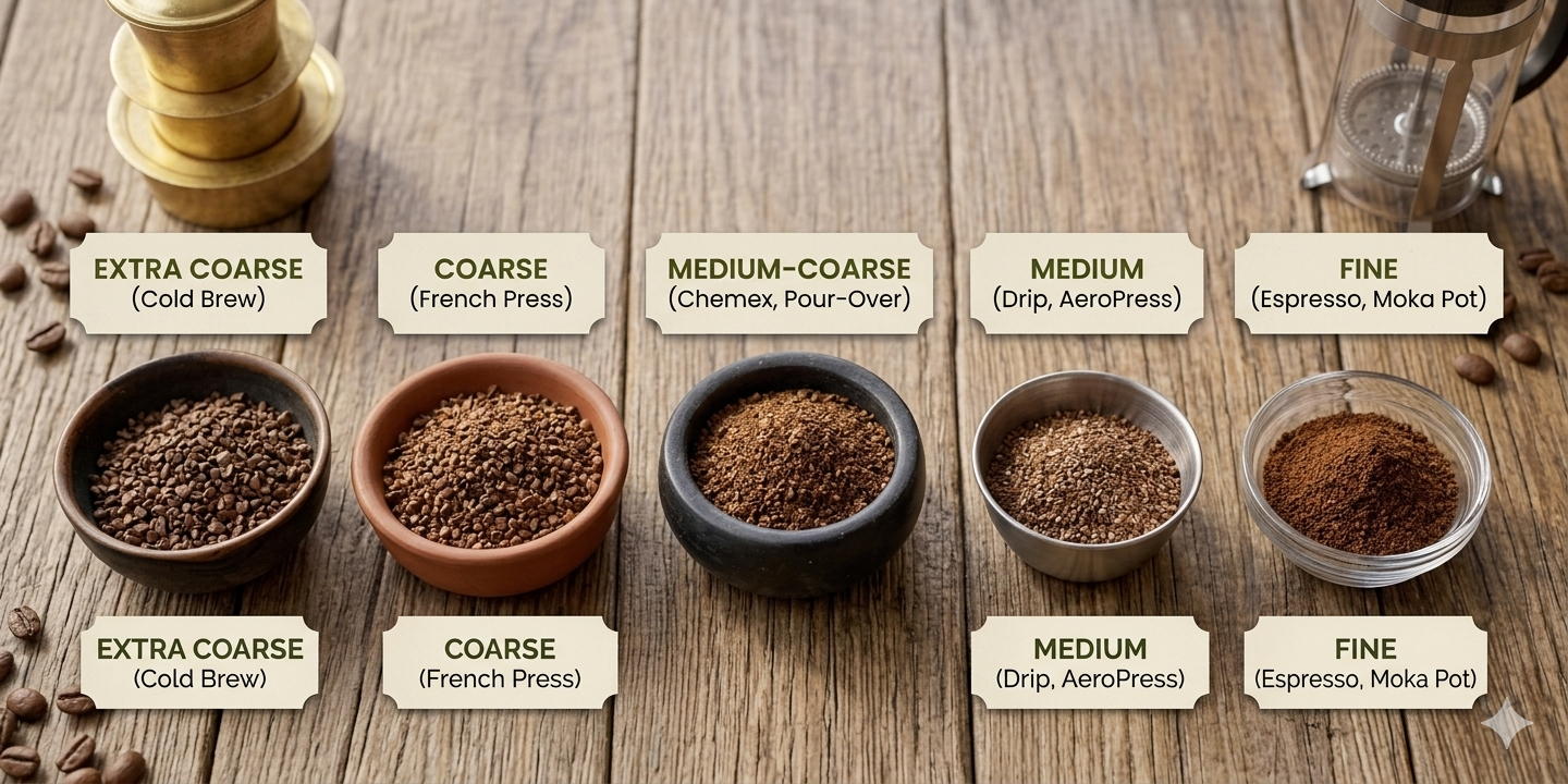 Various coffee grind sizes from French Press to Espresso